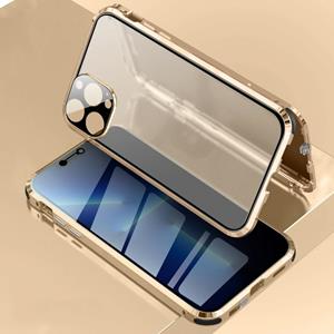 huismerk Schokbestendige Anti-Peeping Magnetic Metal Frame Dubbelzijdig Gehard Glass Case voor iPhone 13 Pro (Gold)