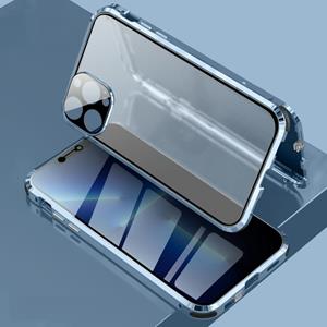 huismerk Vierhoek Schokbestendig Anti-Peeping Magnetic Metal Frame Dubbelzijdig Gehard Glass Case voor iPhone 13 Pro (Blauw)