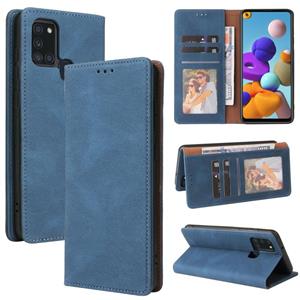 huismerk For Samsung Galaxy A21s Simple Suction Closure Horizontal Flip Leather Case with Holder & Card Slot & Wallet(Blue)