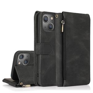 huismerk Skin-Feel Crazy Horse Textuur Zipper Portemonnee Tas Horizontale Flip Leren Case met Houder & Kaart Slots & Wallet & Lanyard voor iPhone 13 Mini