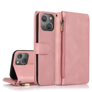 huismerk Skin-Feel Crazy Horse Textuur Rits Portemonnee Bag Horizontale Flip Leren Case met Houder & Kaart Slots & Wallet & Lanyard voor iPhone 13 Mini (Rose G