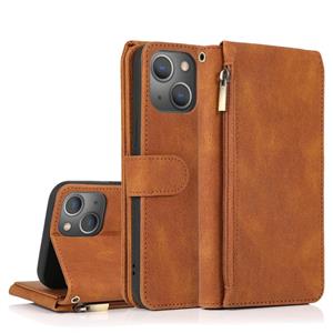 huismerk Skin-Feel Crazy Horse Textuur Zipper Portemonnee Bag Horizontale Flip Leren Case met Houder & Kaart Slots & Wallet & Lanyard voor iPhone 13 Mini (Brow