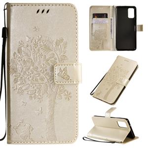 huismerk Voor Galaxy S20+ Tree & Cat Patroon Geperst printen Horizontaal Flip PU Lederen Hoes met Houder & Card Slots & Wallet & Lanyard(Gold)