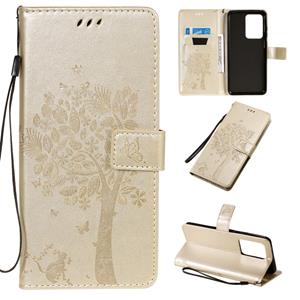 huismerk Voor Galaxy S20 Ultra Tree & Cat Patroon Geperst printen Horizontaal Flip PU Lederen Hoes met Houder & Card Slots & Wallet & Lanyard(Gold)