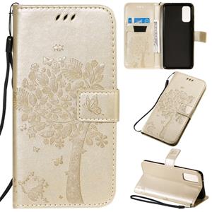 huismerk Voor Galaxy S20 Tree & Cat Patroon Geperst printen horizontaal flip PU lederen hoesje met Houder & Card Slots & Wallet & Lanyard(Gold)