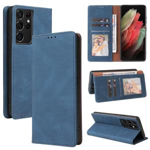 huismerk For Samsung Galaxy S21 Ultra 5G Simple Suction Closure Horizontal Flip Leather Case with Holder & Card Slot & Wallet(Blue)