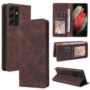 huismerk For Samsung Galaxy S21 Ultra 5G Simple Suction Closure Horizontal Flip Leather Case with Holder & Card Slot & Wallet(Brown)