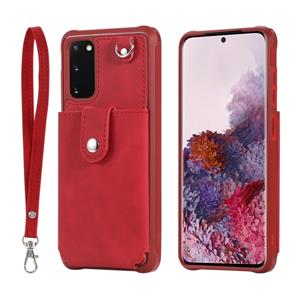 huismerk Voor Galaxy S20 Shockproof Protective Case met Mirror & Card Slot & Short Lanyard(Red)