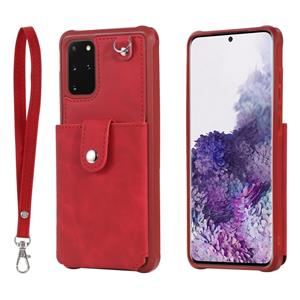 huismerk Voor Galaxy S20 Plus Shockproof Protective Case met Mirror & Card Slot & Short Lanyard(Red)