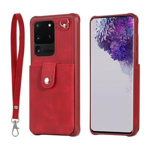 huismerk Voor Galaxy S20 Ultra Shockproof Protective Case met Mirror & Card Slot & Short Lanyard(Red)