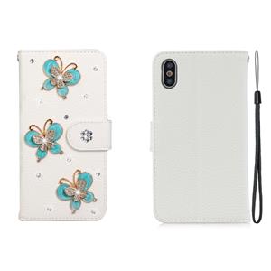 huismerk Voor iPhone X Horizontal Flip Solid Color Rhinestones Leather Case met Card Slot & Wallet & Holder(Three Butterflies)