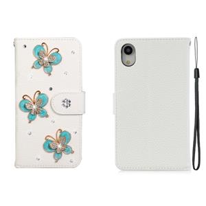 huismerk Voor iPhone XR Horizontal Flip Solid Color Rhinestones Leather Case met Card Slot & Wallet & Holder(Three Butterflies)