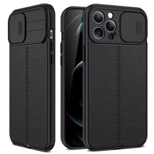 huismerk Litchi textuur glijden camshield TPU beschermhoes voor iPhone 13 (zwart)