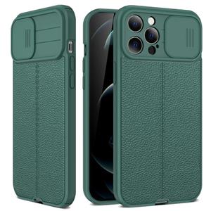 huismerk Litchi textuur glijden camshield TPU beschermhoes voor iPhone 13 (donkergroen)