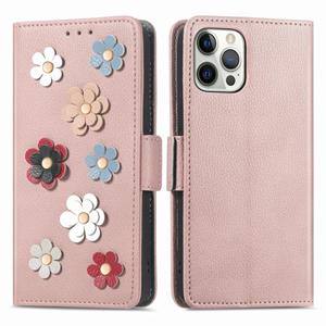 huismerk Stereoscopic Flowers Leather Phone Case For iPhone 13 mini(Pink)