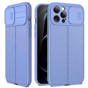 huismerk Litchi Texture Sliding Camshield TPU beschermhoes voor iPhone 13 Pro