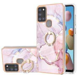 huismerk Voor Samsung Galaxy A21S Electroplating Marmeren Patroon IMD TPU Shockproof Case met ringhouder (Rose Gold 005)