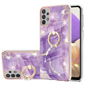 huismerk Voor Samsung Galaxy A32 5G Galvaniseren Marmeren Patroon IMD TPU Schokbestendig Case met Ringhouder (Purple 002)