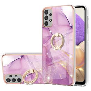 huismerk Voor Samsung Galaxy A32 5G Electroplating Marmeren Patroon IMD TPU Schokbestendig Case met Ring Houder (Purple 001)