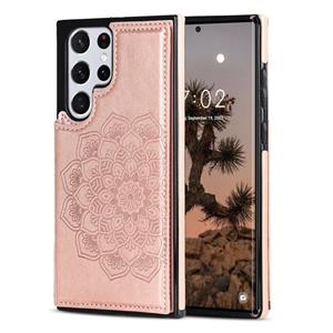 huismerk For Samsung Galaxy S22 Ultra 5G Double Buckle Mandala PU+TPU Phone Case(Rose Gold)