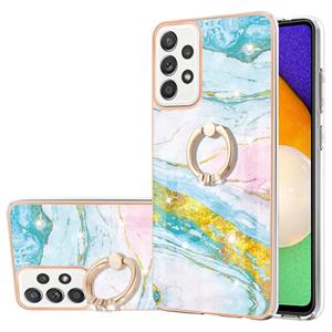 huismerk Voor Samsung Galaxy A52 5G / 4G Electloplating Marmeren Patroon IMD TPU Schokbestendig Case met Ringhouder (Groen 004)