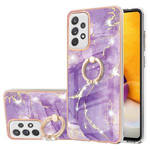 huismerk Voor Samsung Galaxy A72 5G / 4G Galvaniseren Marmeren Patroon IMD TPU Schokbestendig Case met Ringhouder (Purple 002)