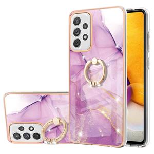 huismerk Voor Samsung Galaxy A72 5G / 4G Galvaniseren Marmeren Patroon IMD TPU Schokbestendig Case met Ringhouder (Purple 001)