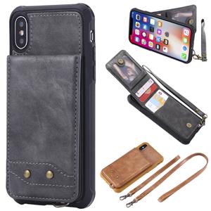 huismerk Voor iPhone XS / X Vertical Flip Shockproof Leather Protective Case met Long Rope Support Card Slots & Bracket & Photo Holder & Wallet Function(Gray)