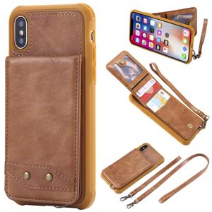 huismerk Voor iPhone XS / X Vertical Flip Shockproof Leather Protective Case met Long Rope Support Card Slots & Bracket & Photo Holder & Wallet Function(Brown