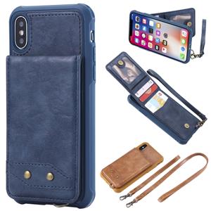 huismerk Voor iPhone XS / X Vertical Flip Shockproof Leather Protective Case met Long Rope Support Card Slots & Bracket & Photo Holder & Wallet Function(Blue)