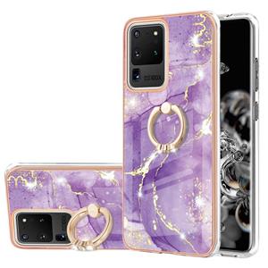 huismerk Voor Samsung Galaxy S20 Ultra Galvaniseren Marmeren Patroon IMD TPU Schokbestendig Case met Ringhouder (Purple 002)