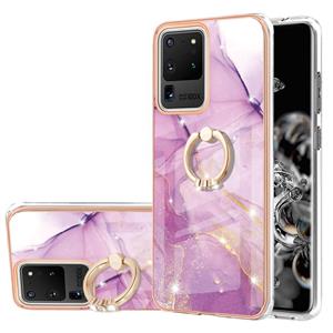 huismerk Voor Samsung Galaxy S20 Ultra Electroplating Marmeren Patroon IMD TPU Shockproof Case met ringhouder (paars 001)