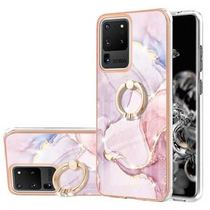 huismerk Voor Samsung Galaxy S20 Ultra Electroplating Marmeren Patroon IMD TPU Shockproof Case met ringhouder (Rose Gold 005)