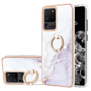 huismerk Voor Samsung Galaxy S20 Ultra Electroplating Marmeren Patroon IMD TPU Schokbestendig Case met Ringhouder (White 006)