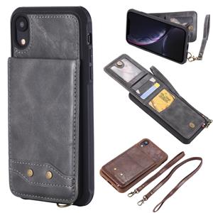 huismerk Voor iPhone XR Vertical Flip Shockproof Leather Protective Case met Long Rope Support Card Slots & Bracket & Photo Holder & Wallet Function(Gray)