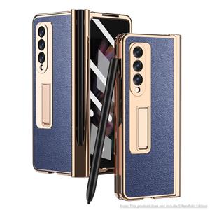 huismerk For Samsung Galaxy Z Fold3 5G Electroplated Hinge Pen Slot Lychee Phone Case(Blue)