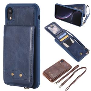 huismerk Voor iPhone XR Vertical Flip Shockproof Leather Protective Case met Long Rope Support Card Slots & Bracket & Photo Holder & Wallet Function(Blue)