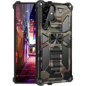 huismerk Voor Samsung Galaxy S22 Ultra 5G Camouflage Armor Shockproof TPU + PC Magnetische beschermende telefoonhoesje met houder (Legergroen)