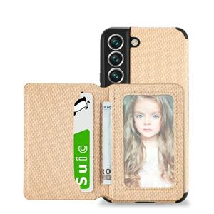 huismerk Voor Samsung Galaxy S22 + 5G Koolstofvezel Magnetische Kaarthouder TPU + PU-zaak (Khaki)