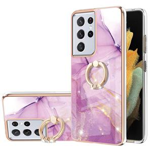 huismerk Voor Samsung Galaxy S21 Ultra 5G Galvaniseren Marmeren Patroon IMD TPU Schokbestendig Case met Ringhouder (Purple 001)