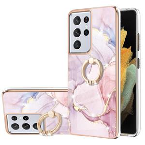 huismerk Voor Samsung Galaxy S21 Ultra 5G Electloplating Marmeren Patroon IMD TPU Shockproof Case met ringhouder (Rose Gold 005)