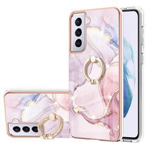 huismerk Voor Samsung Galaxy S21 + 5G Electroplating Marmeren Patroon IMD TPU Shockproof Case met ringhouder (Rose Gold 005)