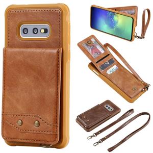 huismerk Voor Galaxy S10e Vertical Flip Shockproof Leather Protective Case met Long Rope Support Card Slots & Bracket & Photo Holder & Wallet Function(Brown)