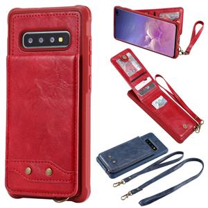 huismerk Voor Galaxy S10+ Vertical Flip Shockproof Leather Protective Case met Long Rope Support Card Slots & Bracket & Photo Holder & Wallet Function(Red)