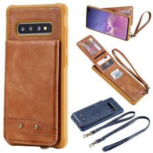 huismerk Voor Galaxy S10+ Vertical Flip Shockproof Leather Protective Case met Long Rope Support Card Slots & Bracket & Photo Holder & Wallet Function(Brown)