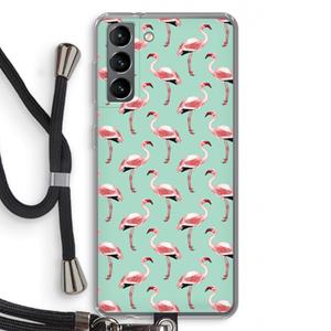 CaseCompany Flamingoprint groen: Samsung Galaxy S21 Transparant Hoesje met koord