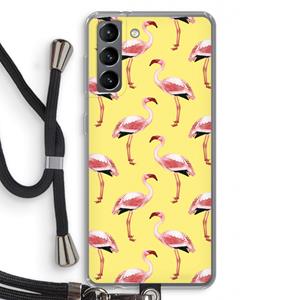 CaseCompany Flamingo's geel: Samsung Galaxy S21 Transparant Hoesje met koord
