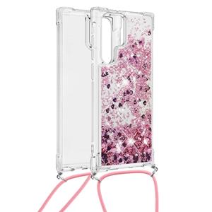 Lunso Backcover hoes met koord - Samsung Galaxy S22 Ultra - Glitter Rose Goud