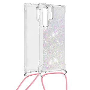 Lunso Backcover hoes met koord - Samsung Galaxy S22 Ultra - Glitter Zilver