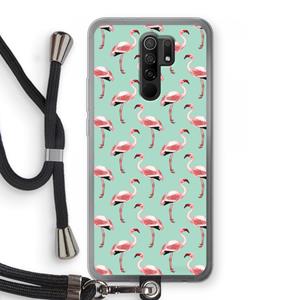 CaseCompany Flamingoprint groen: Xiaomi Redmi 9 Transparant Hoesje met koord